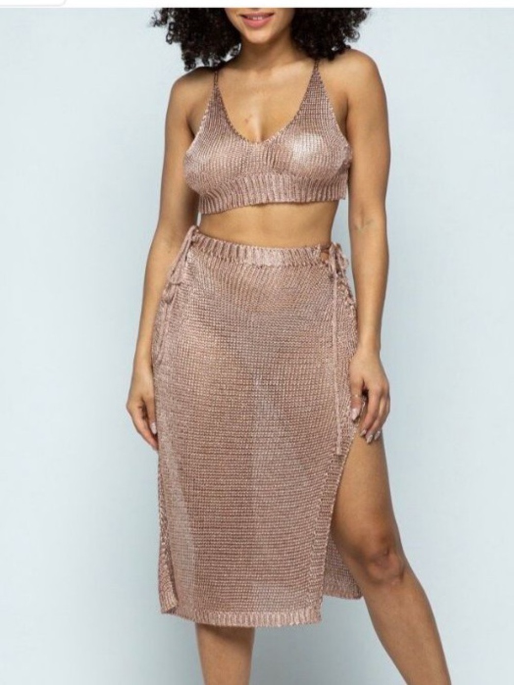 Hera Collection Metallic Rose Gold Knit Midi Skirt